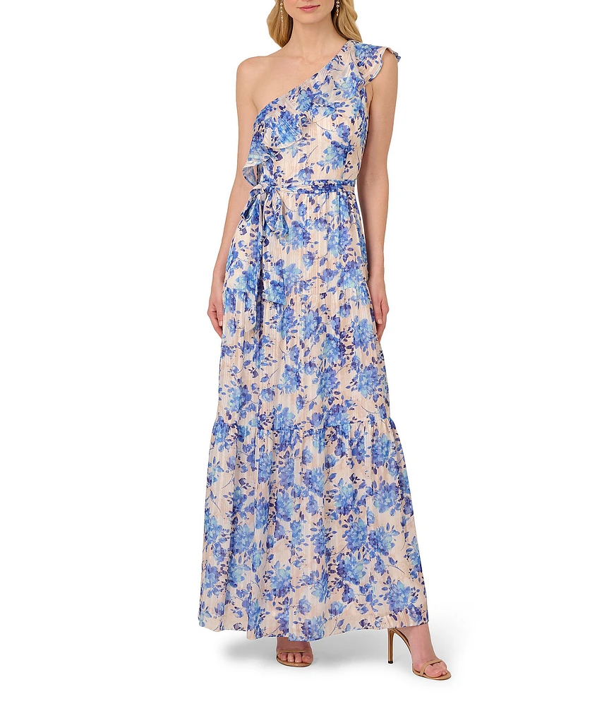Adrianna Papell Floral Stripe Satin One Shoulder Ruffle Trim Belted A-Line Maxi Dress