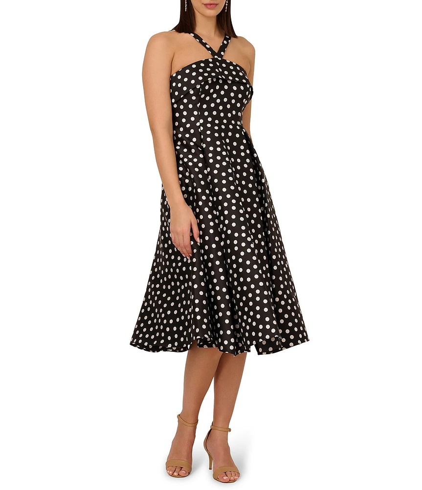 Adrianna Papell Halter Neck Polka Dot Mikado A-Line Midi Dress