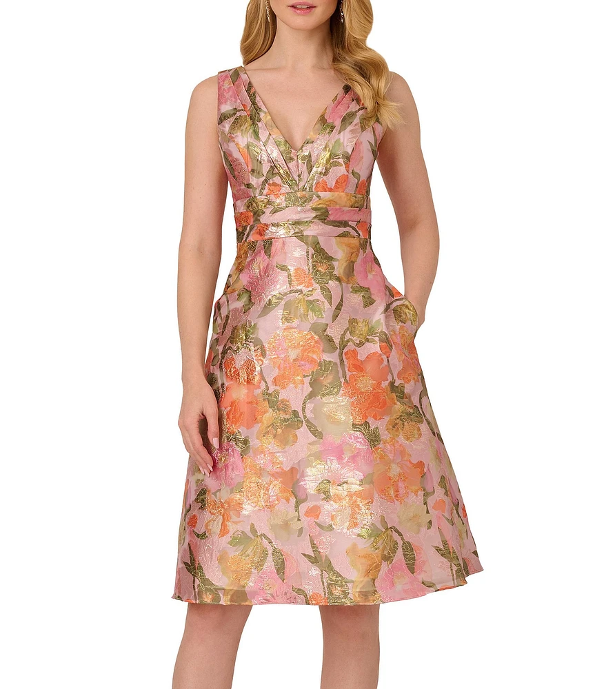 Adrianna Papell Jacquard Floral Print V Neck Sleeveless A Line Midi Dress