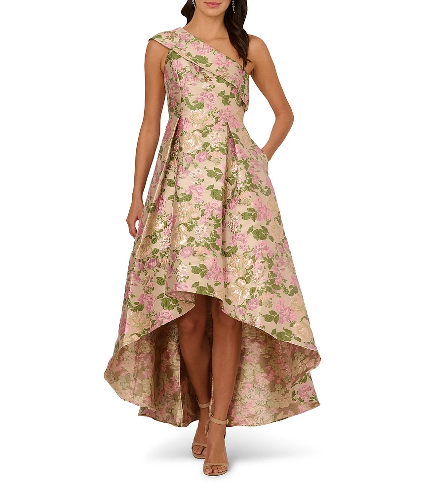 Adrianna Papell One Shoulder Floral Jacquard High Low A-line Midi Dress