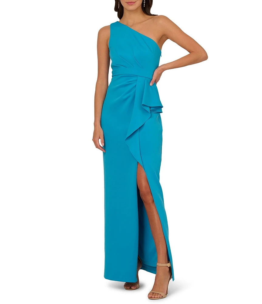 Adrianna Papell One Shoulder Ruffle Front Scuba Crepe Column Gown