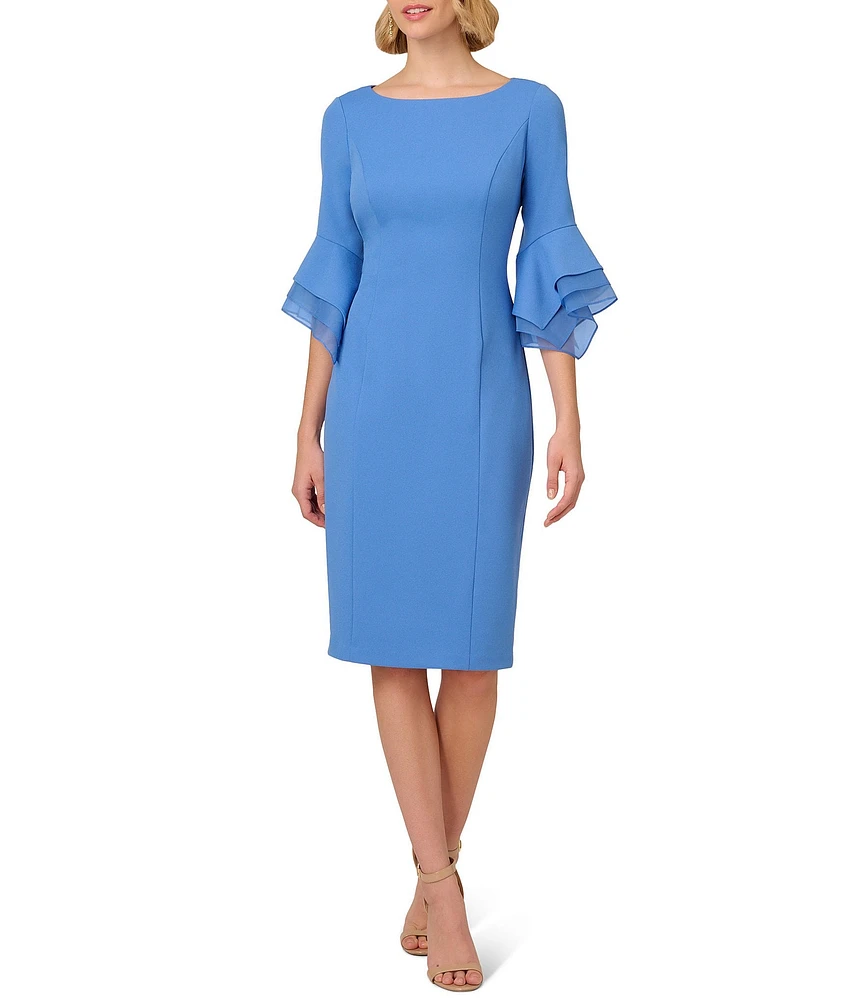Adrianna Papell Petite Size 3/4 Bell Sleeve Boat Neck Stretch Crepe Knit Sheath Dress