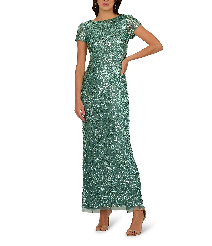 Adrianna Papell Petite Size Beaded Crew Neck Short Sleeve Column Gown