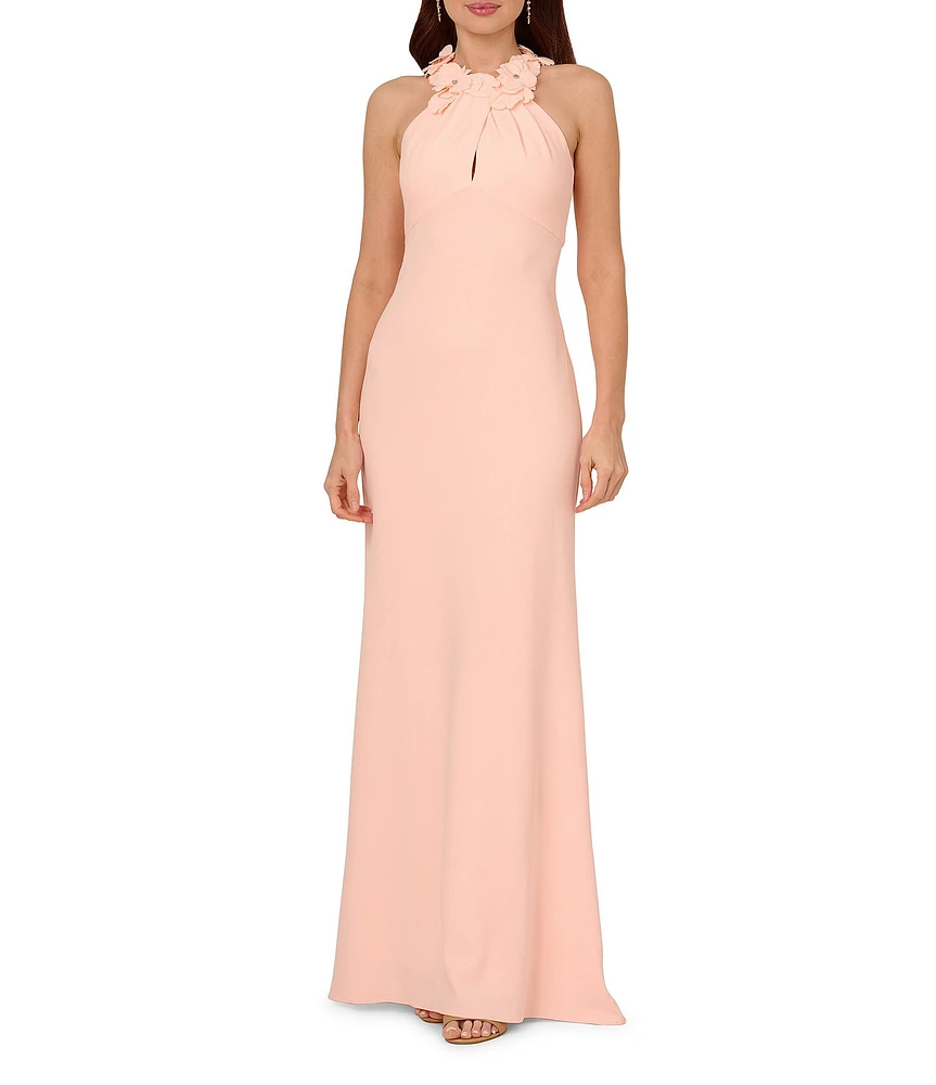 Adrianna Papell Petite Size Rosette Halter Crepe Dress