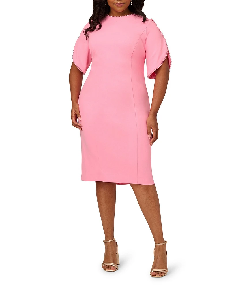 Adrianna Papell Plus Size Crew Neck Pearl Trim Crepe Dress