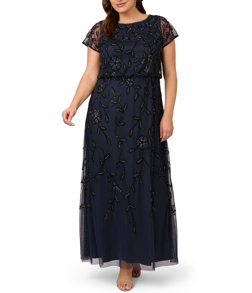 Adrianna Papell Plus Size Short Sleeve Boat Neck Beaded Blouson Gown