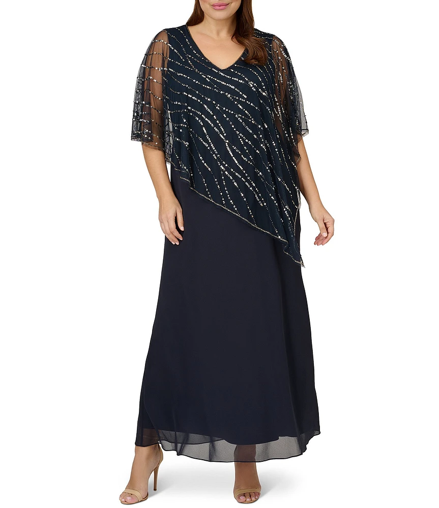 Adrianna Papell Plus Size Sleeveless V-Neck Beaded Popover Dress