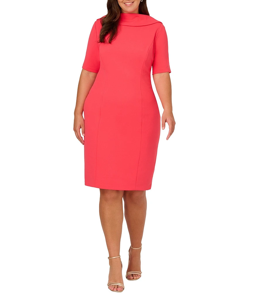 Adrianna Papell Plus Size V-Back Foldover Collar Short Sleeve Sheath Dress