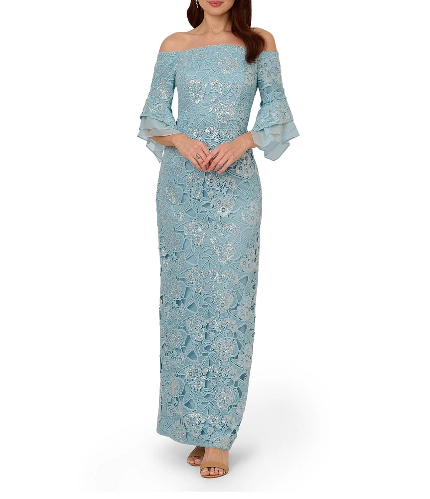 Adrianna Papell Sequin Lace Off-The-Shoulder Neck 3/4 Flutter Sleeve Column Gown
