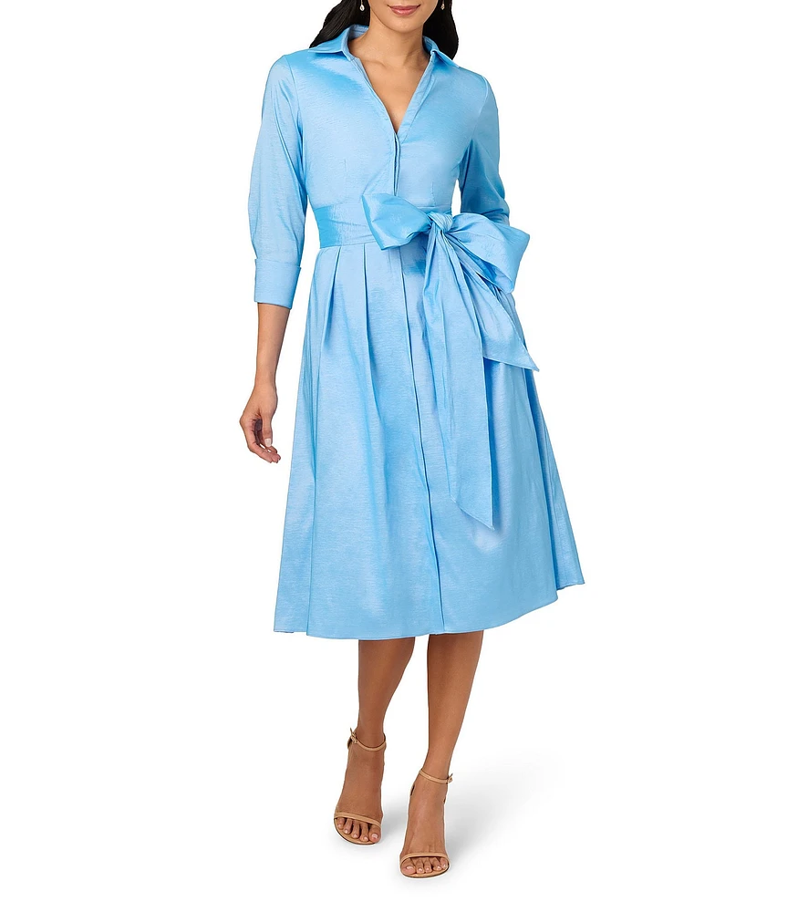 Adrianna Papell Silky Taffeta Collared V-Neck Oversize Bow Sash 3/4 Sleeve Button Front Shirt Midi Dress