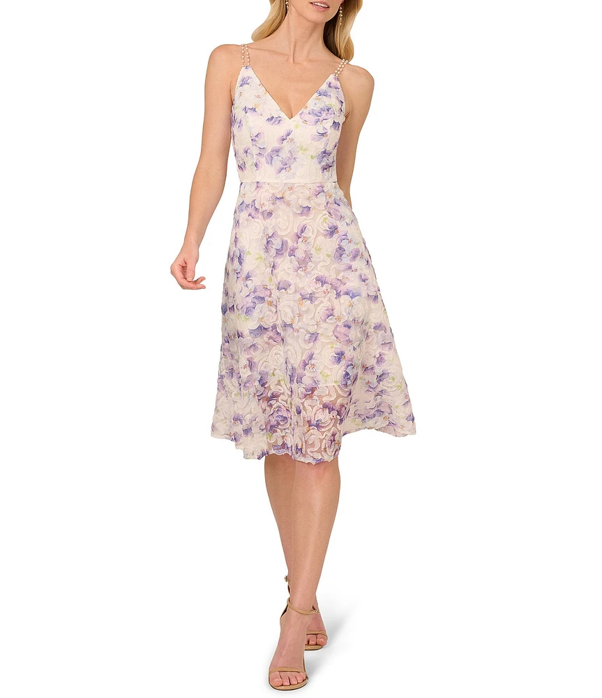 Adrianna Papell Soutache Floral Print V Neck Sleeveless Pearl Straps A-Line Midi Dress