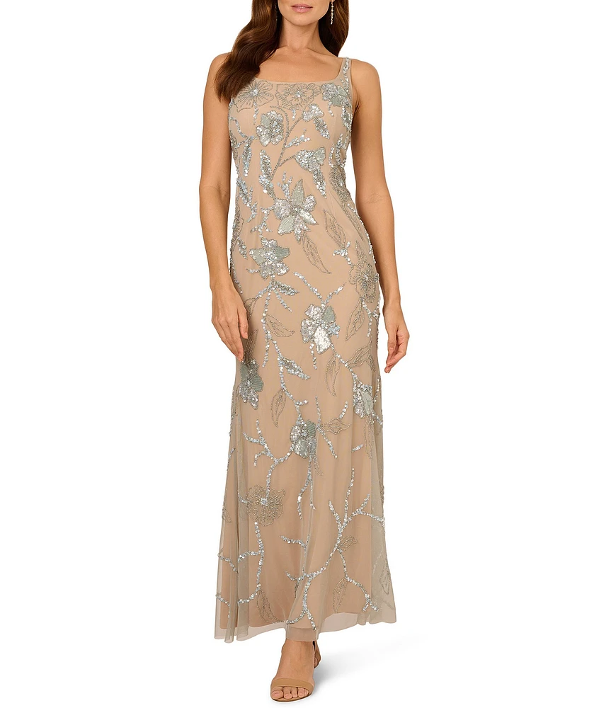 Adrianna Papell Square Neck Floral Beaded Mesh Column Gown