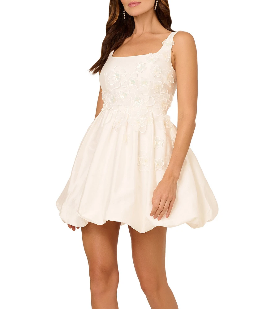 Adrianna Papell Taffeta 3D Flower Square Neck Sleeveless Bubble Hem A-Line Mini Dress