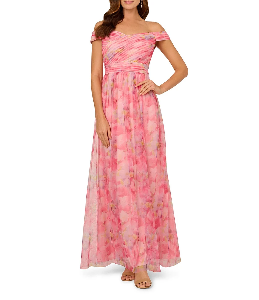 Adrianna Papell Tulle Floral Print Off-The-Shoulder Neck Short Sleeve A-Line Gown