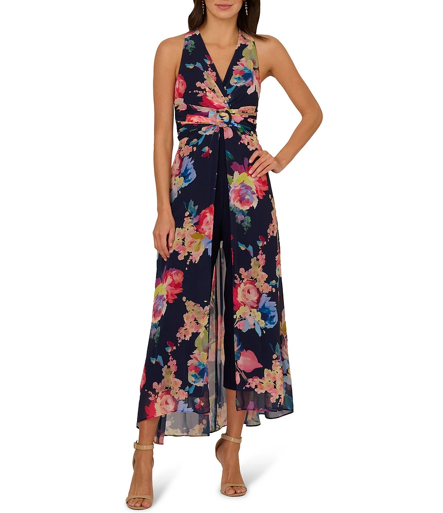 Adrianna Papell V-Neck Sleeveless Printed Chiffon Walk Thru Jumpsuit
