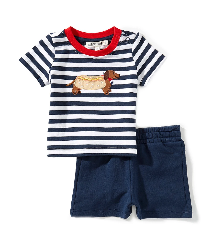 Adventurewear 360 Baby Boys Stripe Short Sleeve Hot Dog Applique Tee & Solid Shorts Set