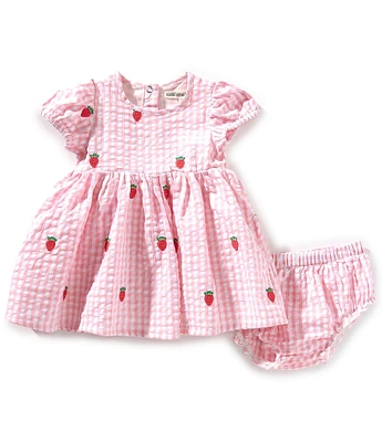 Adventurewear 360 Baby Girls Round Neck Short Sleeve Gingham Strawberry Print Dress