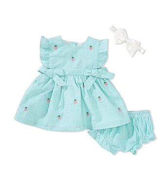 Adventurewear 360 Baby Girls Seersucker Strawberry Bow Dress