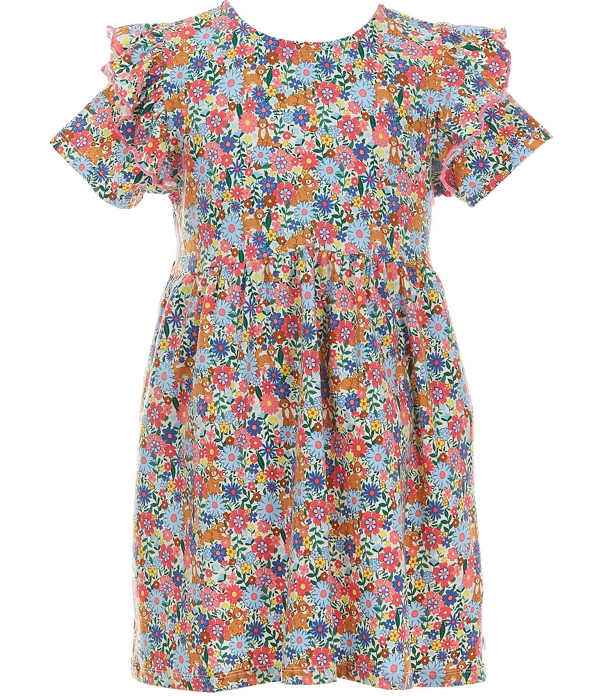 Adventurewear 360 Little Girls Puppy Floral Print Round Neck Cap Sleeve Shift Dress