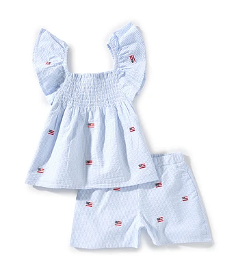 Adventurewear 360 Little Girls Seersucker American Flag Flutter Sleeve Top & Matching Shorts Set