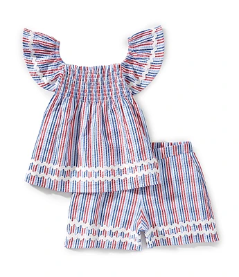 Adventurewear 360 Little Girls Striped Seersucker Flutter Sleeve Top & Matching Pull-On Shorts Set