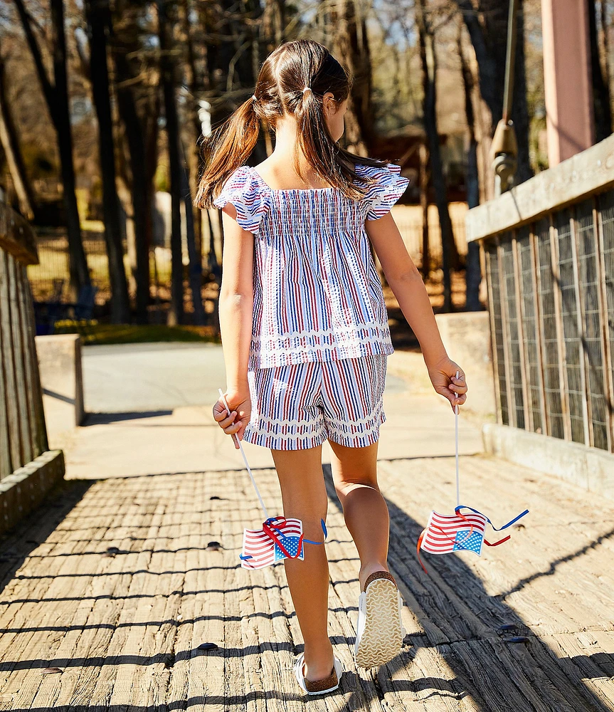 Adventurewear 360 Little Girls Striped Seersucker Flutter Sleeve Top & Matching Pull-On Shorts Set