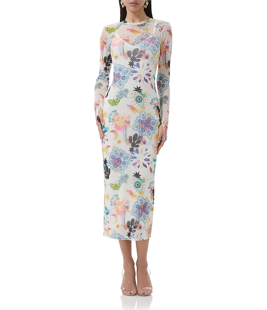AFRM Ashland Floral Printed Mesh Crew Neck Long Sleeve Sheath Midi Dress