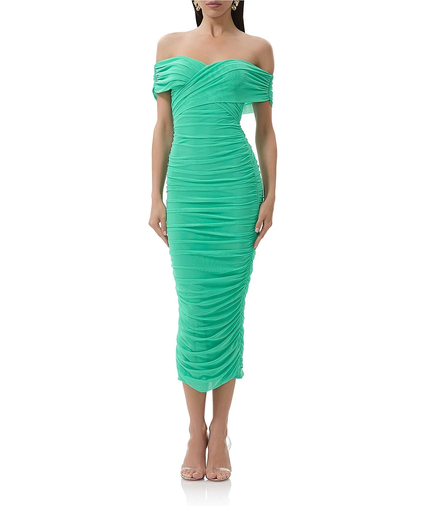 AFRM Belmont Mesh Jersey Off-The-Shoulder Ruched Sheath Midi Dress