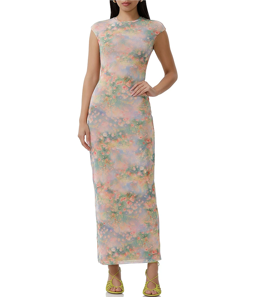 AFRM Cody Floral Print Mesh Crew Neck Cap Sleeve Maxi Dress