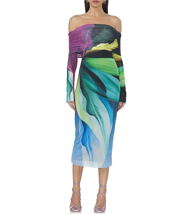 AFRM Cornelia Printed Off the Shoulder Long Sleeve Mesh Midi Dress at  Hamilton Place in Chattanooga, TN