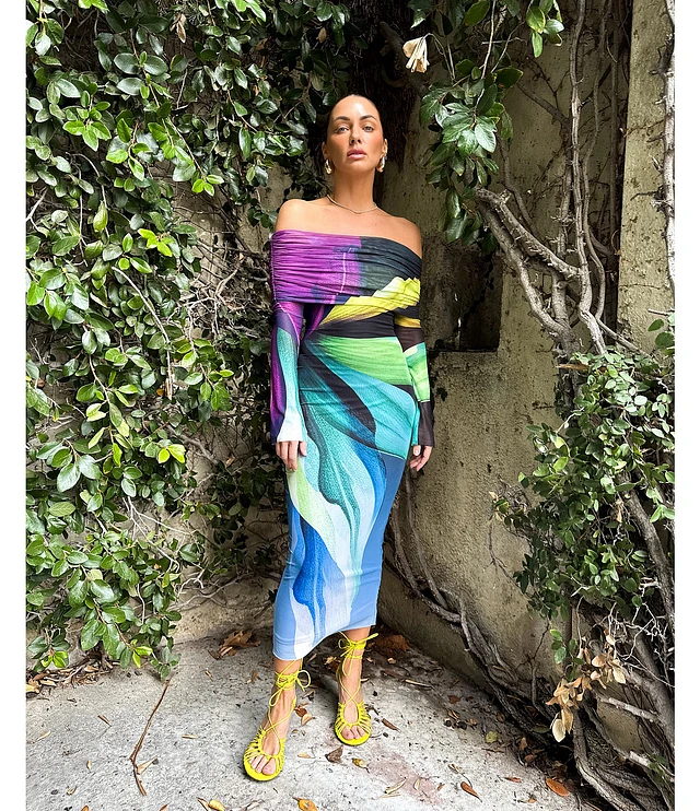 AFRM Cornelia Printed Off the Shoulder Long Sleeve Mesh Midi Dress at  Hamilton Place in Chattanooga, TN