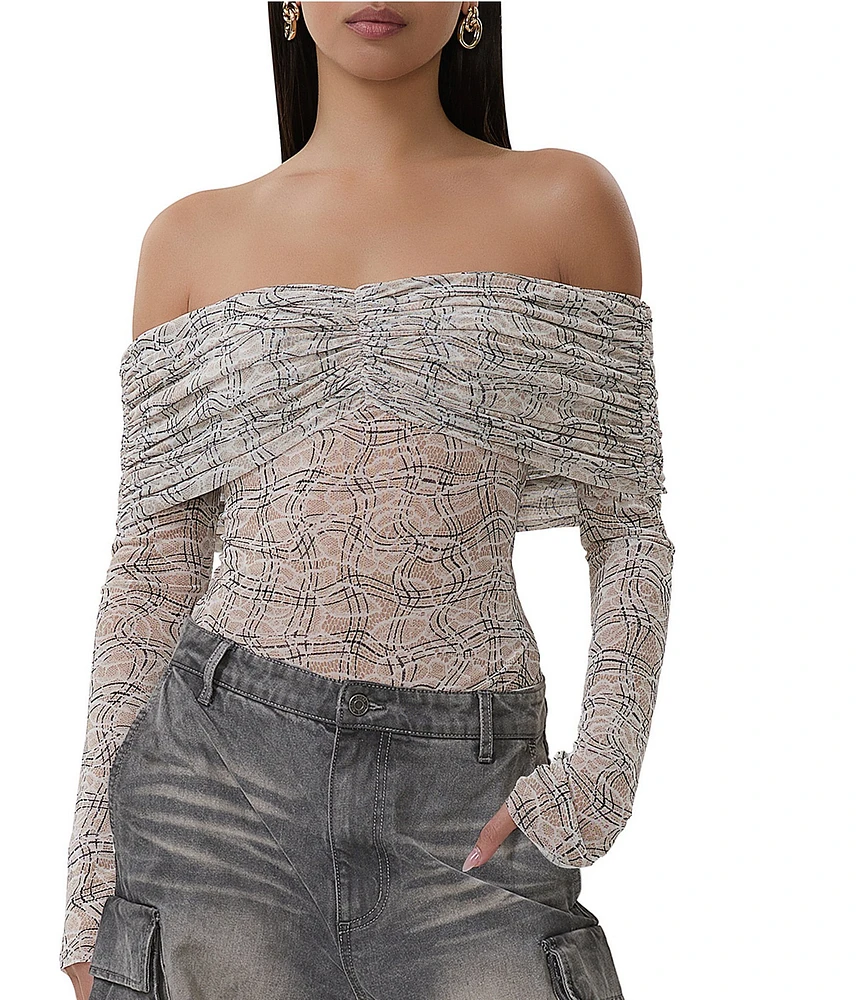 AFRM Lilith Lace Plaid Off-The-Shoulder Long Sleeve Mesh Knit Coordinating Top