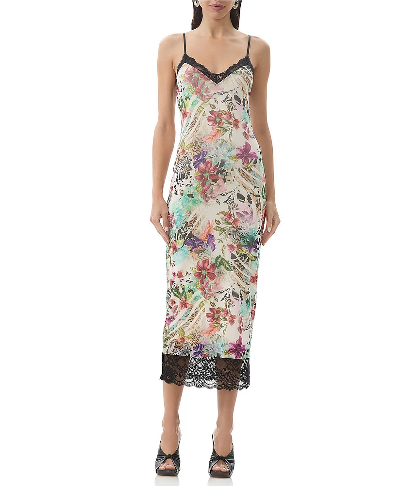 AFRM Nissa Floral Mesh V-Neck Sleeveless Spaghetti Strap Lace Trim Sheath Midi Dress