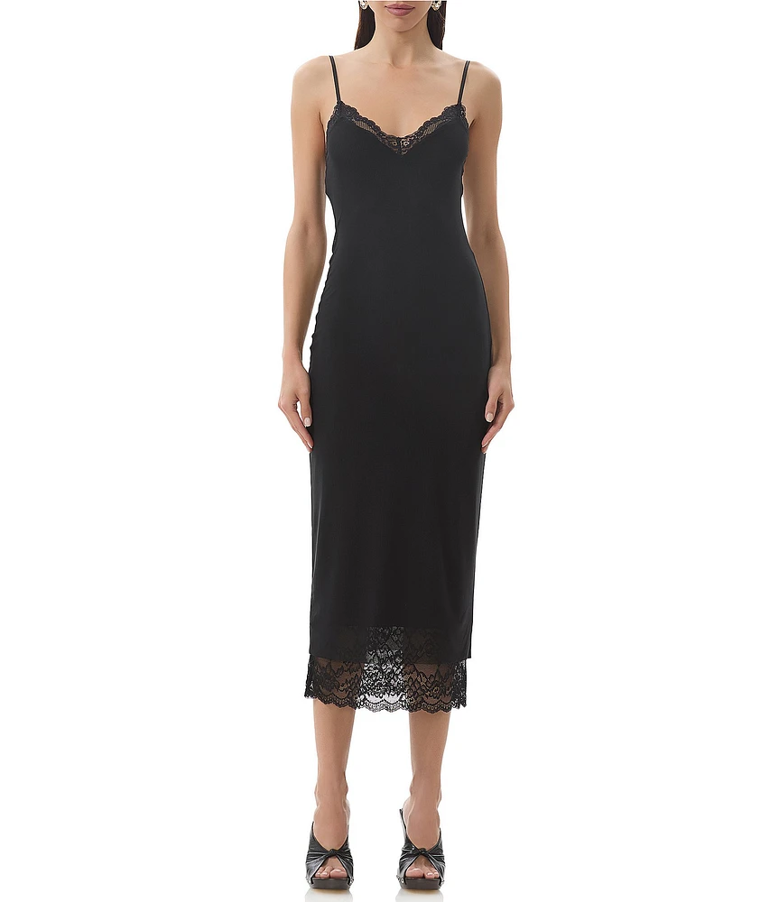 AFRM Nissa Mesh V-Neck Sleeveless Spaghetti Strap Lace Trim Sheath Midi Dress