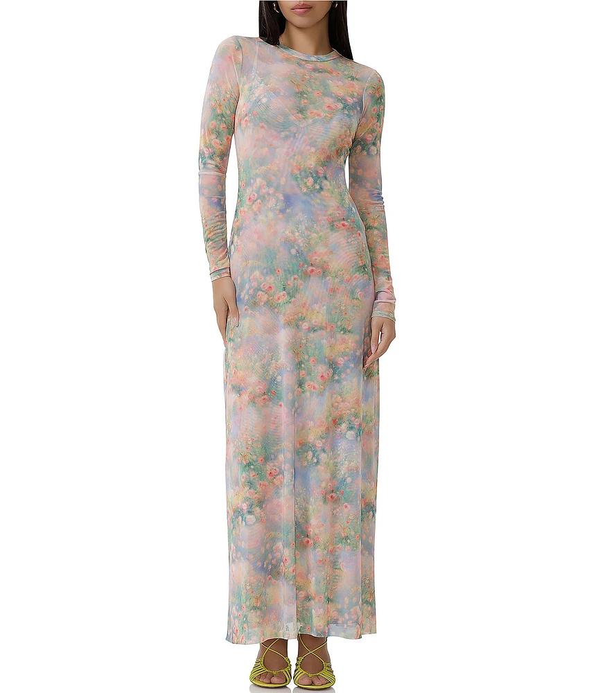 AFRM Paola Floral Print Crew Neck Long Sleeve Ankle Mesh Maxi Dress