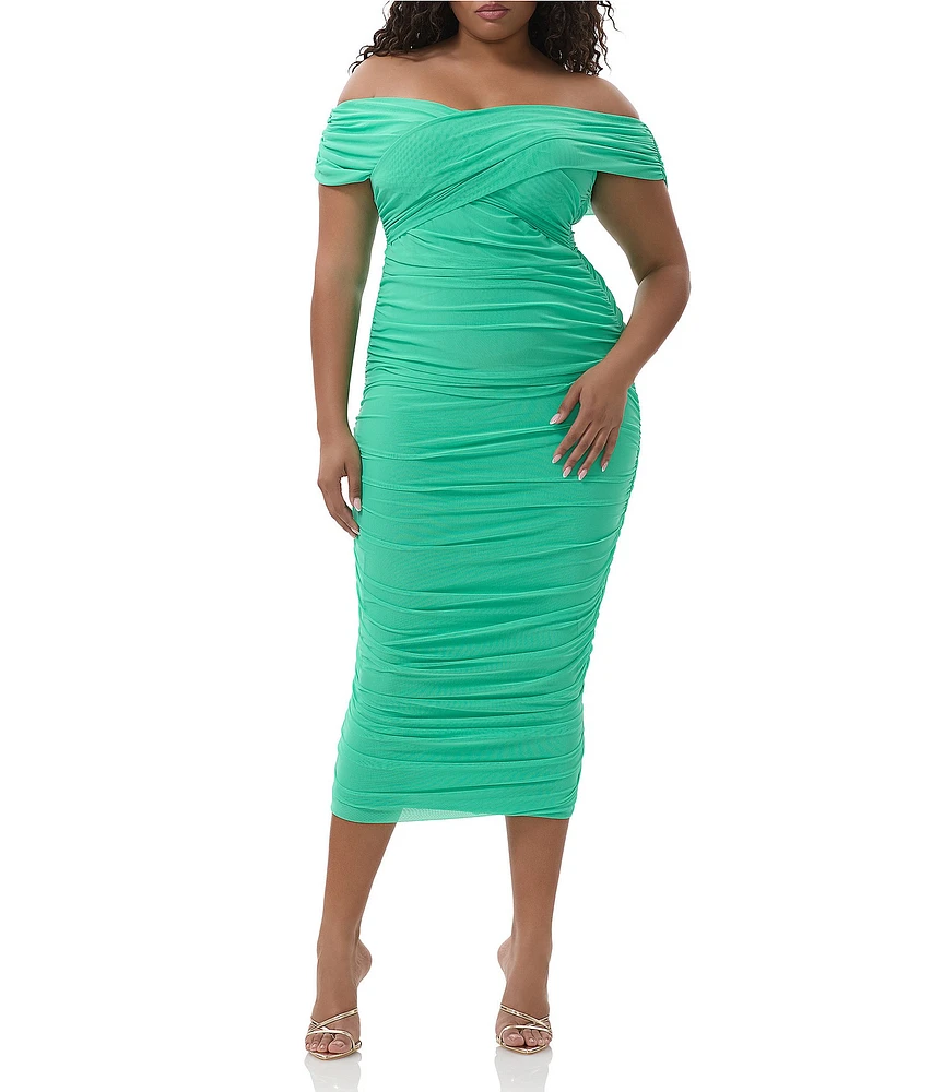 AFRM Plus Size Belmont Mesh Jersey Off-The-Shoulder Ruched Sheath Midi Dress