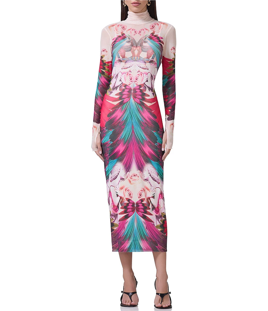 AFRM Shailene Feather Printed Turtleneck Long Sleeve Midi Dress