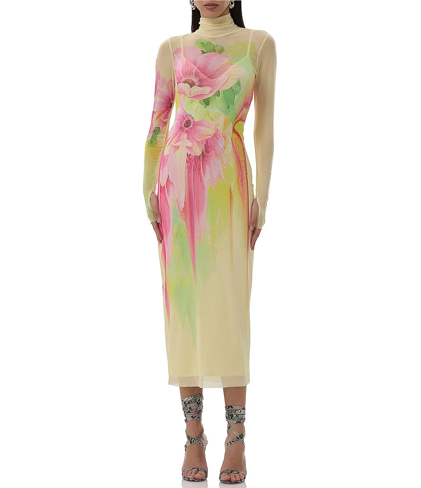 AFRM Shailene Floral Print Mock Neck Long Sleeve Mesh Midi Dress