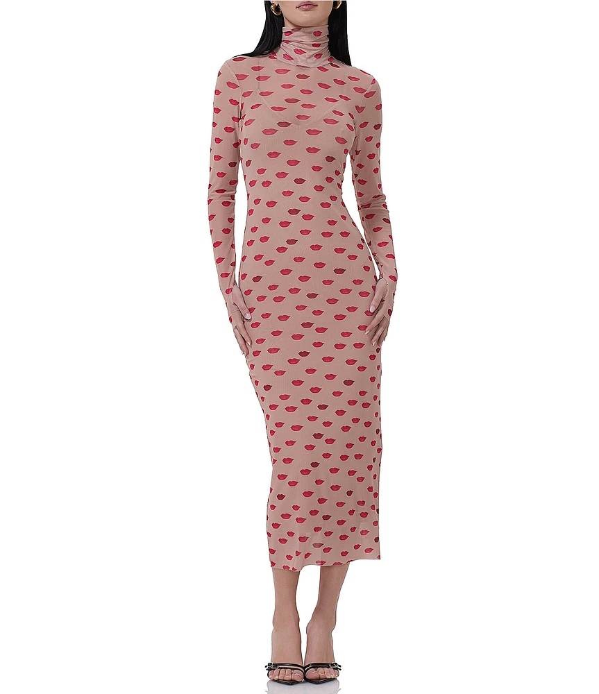 AFRM Shailene Mesh Novelty Kiss Print Turtleneck Long Sleeve Bodycon Midi Dress