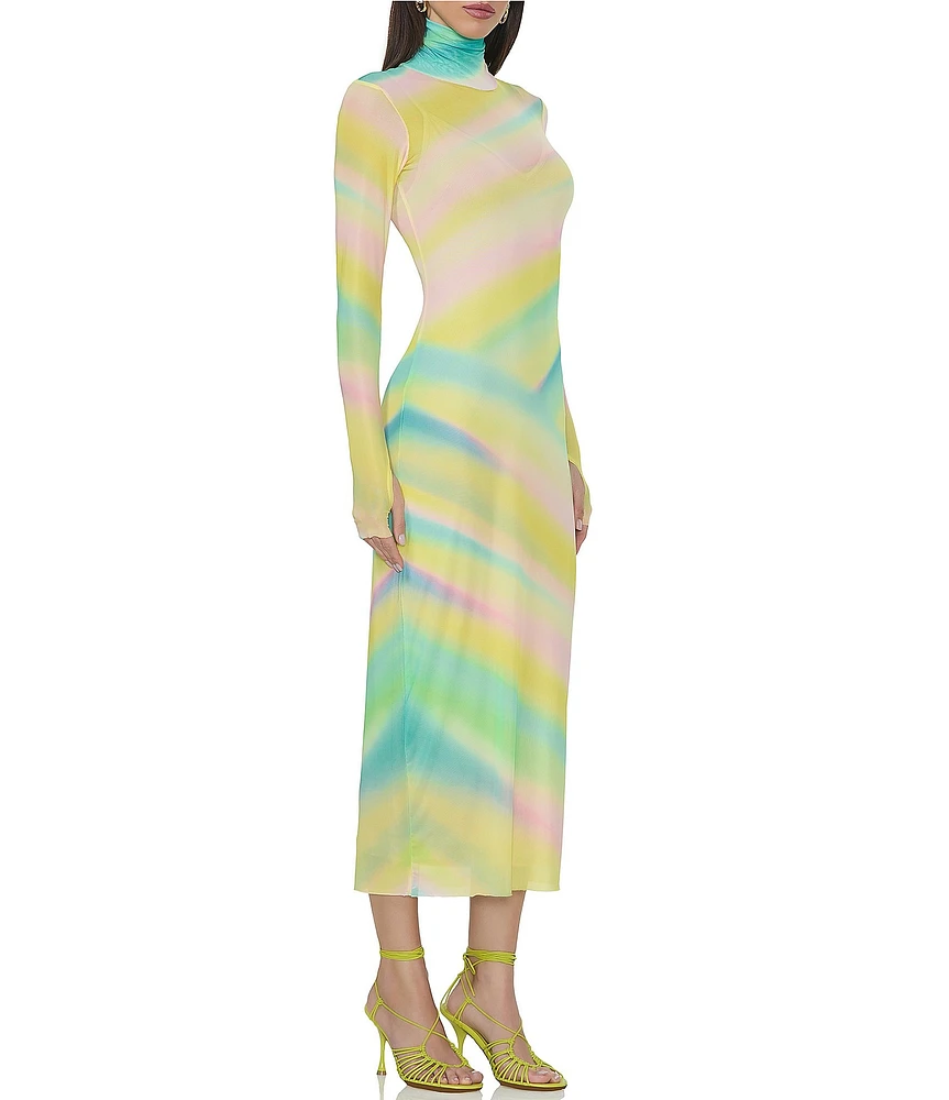 AFRM Shailene Printed Mesh Turtleneck Long Sleeve Midi Dress