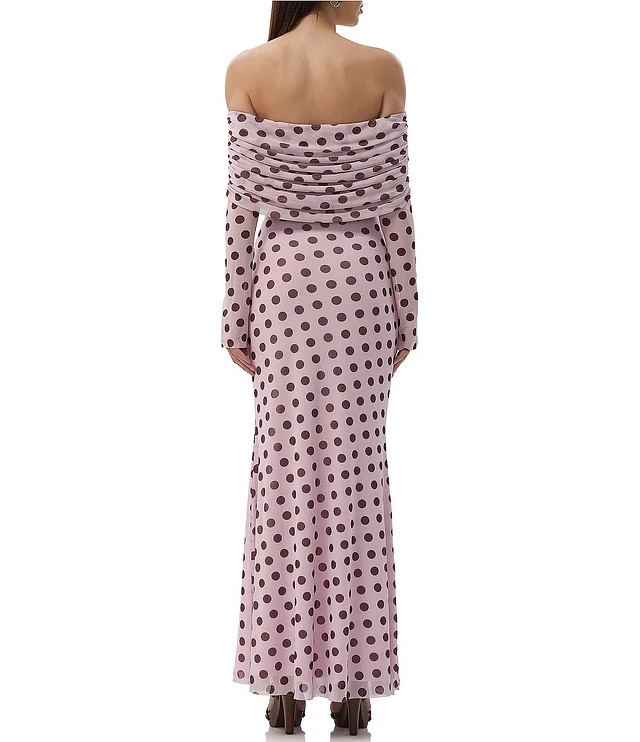 AFRM Thelma Dot Print Off-The-Shoulder Long Sleeve Mesh Maxi Dress |  Liberty Center
