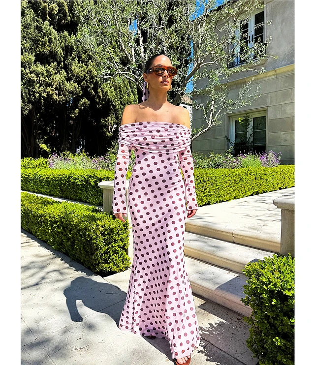 afrm long sleeve off the shoulder mesh maxi dress Thelma by she brings bold femininity to every step AFRM Thelma Mesh Off-The-Shoulder Long