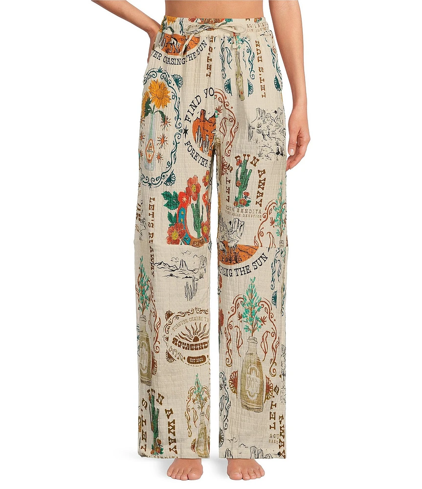 Agua Bendita Frank Nopal Desert Print Crinkle Woven Elastic Tie Waist Pants