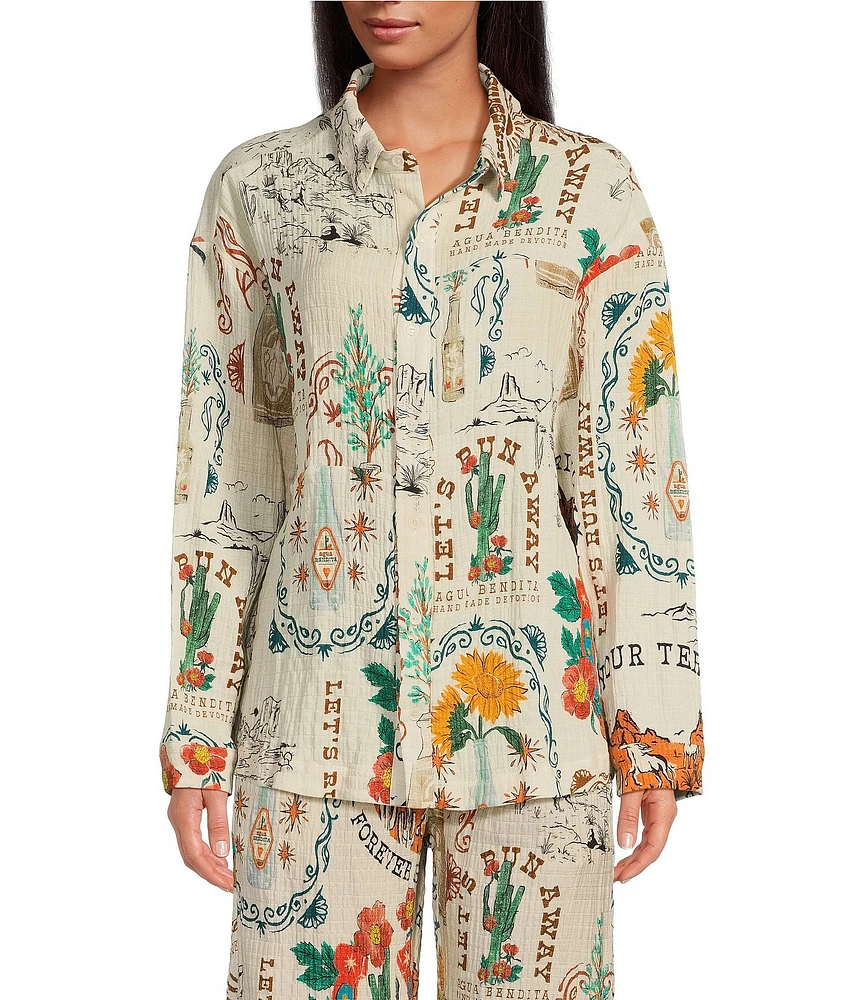 Agua Bendita Keshi Nopal Crinkle Woven Desert Print Collar Long Sleeve Button Front Top