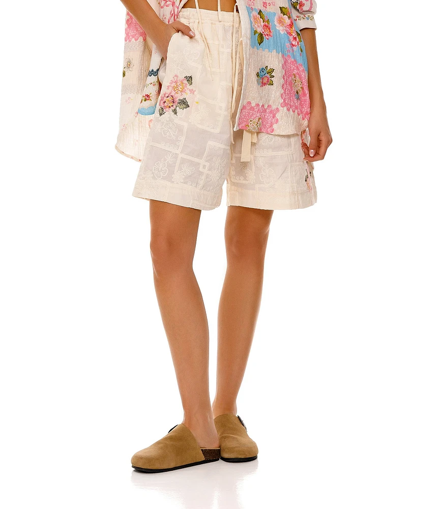 Agua Bendita Malaga Woven Embroidered Floral Elastic Waist Pull-On Shorts