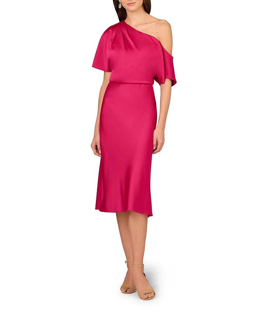 Aidan Mattox Crepe Back Satin One Shoulder Short Sleeve Drape A-Line Midi Dress
