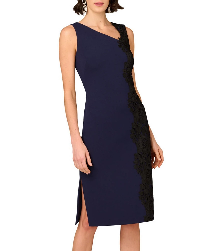 Aidan Mattox Crepe Knit Asymmetrical Neck Side Lace Panel Sheath Midi Dress