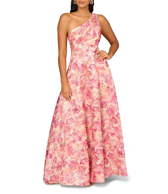 Aidan Mattox Floral Printed Metallic Jacquard One Shoulder Ball Gown |  Liberty Center