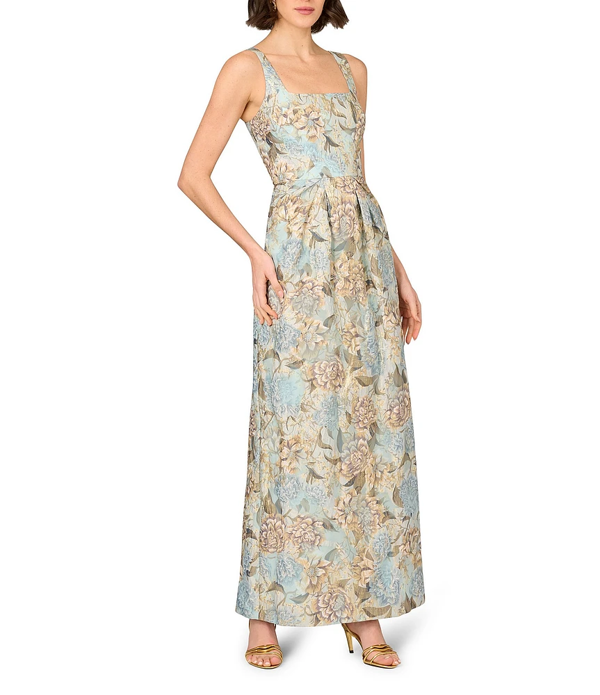 Aidan Mattox Jacquard Floral Print Square Neck Sleeveless Pleated Sheath Gown
