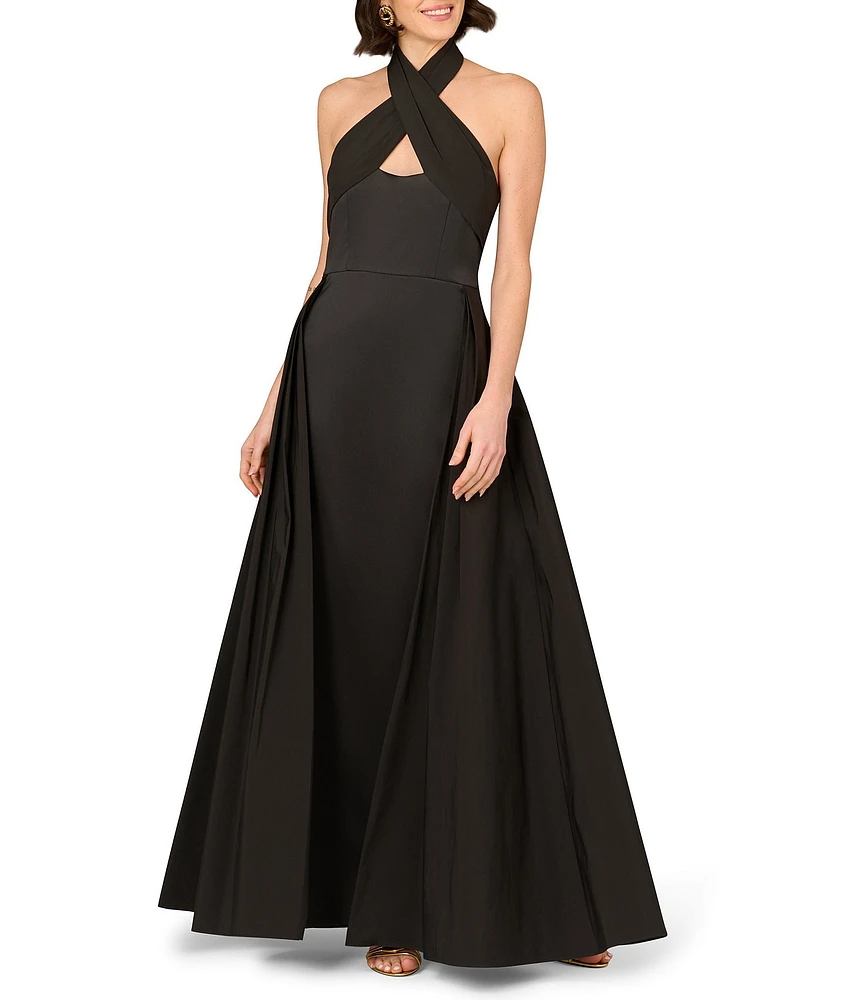 Aidan Mattox Keyhole Halter Neck Sleeveless Stretch Mikado Walk Thru Gown